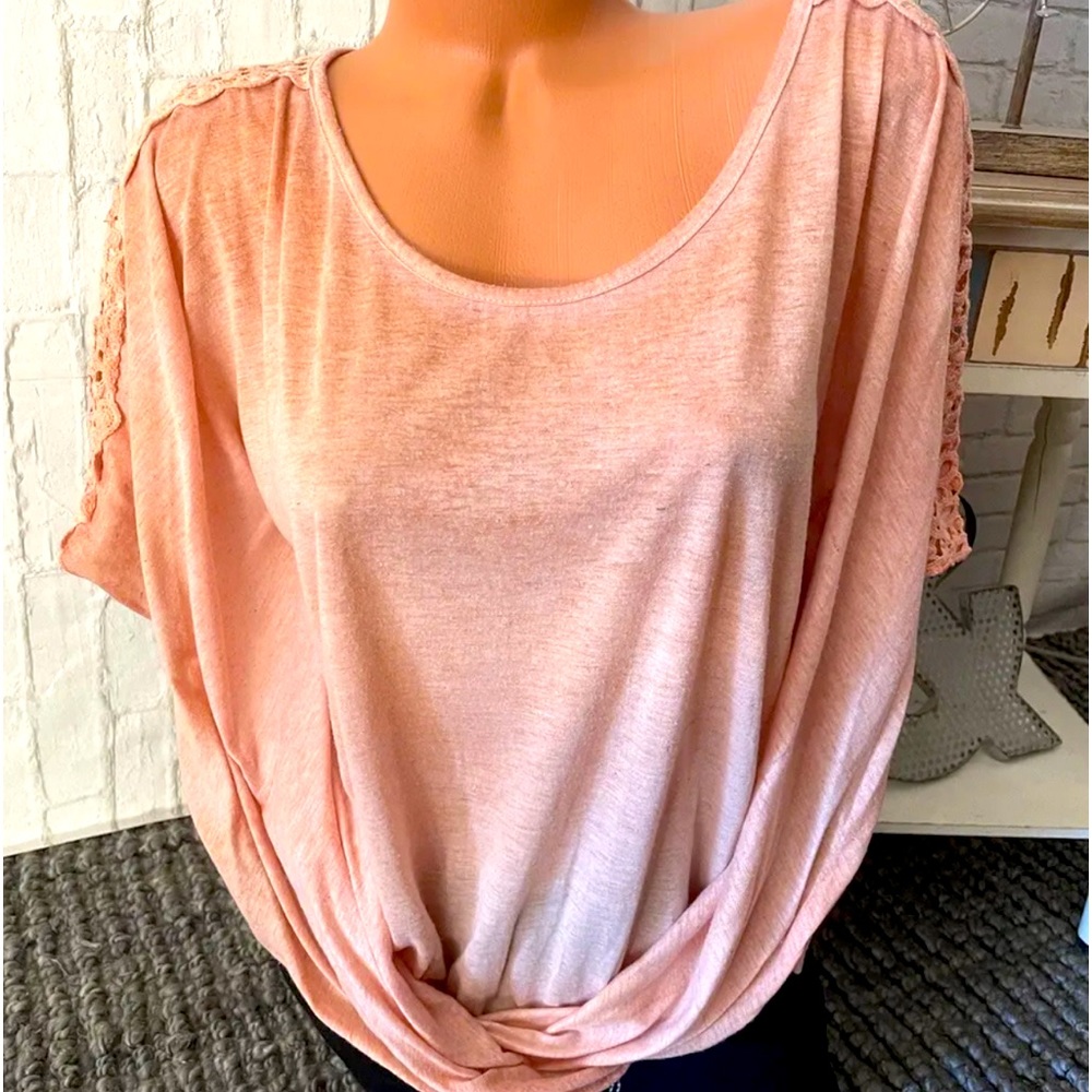 Paper Crane Peach Linen Poncho Crochet Lace Sleeve Blouse Top Women’s M NWOT!